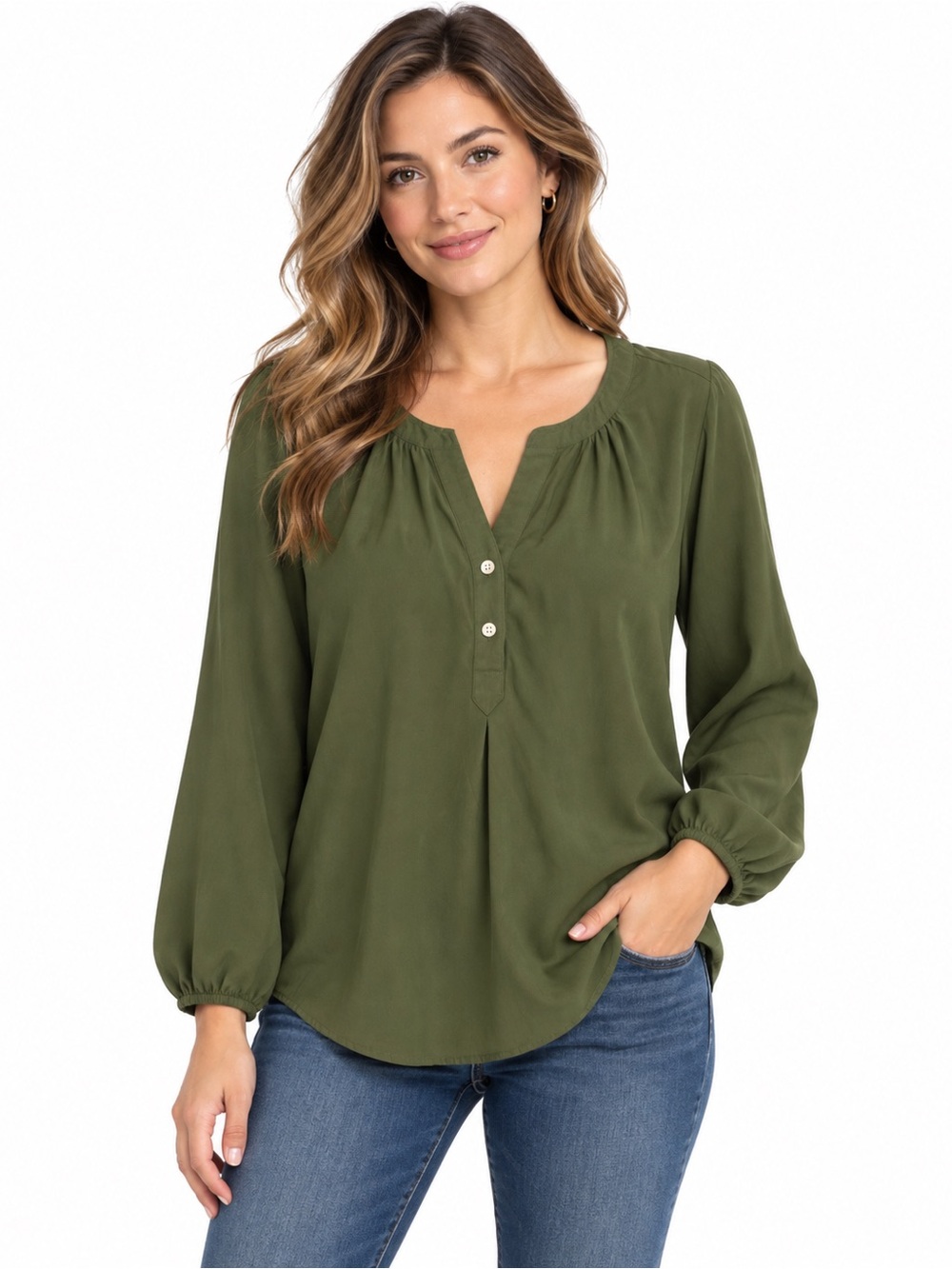 Old Navy Olive Green Button-Front Peasant Blouse - 1136
